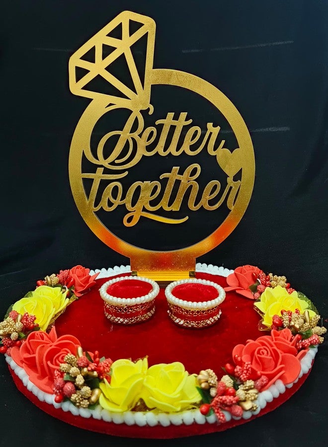 Mridang Handmade Better Together Velvet Engagement Ring tray ring holder platter with beautiful Floral work(anniversary/engagement/wedding platter/Decorative Tray/Marriage Decor)- 9x9x7 INCH - Image 1